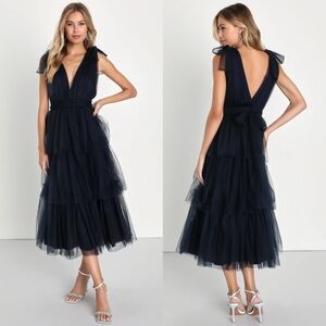 Lulus Flawless Arrival Navy Blue Tulle Tie-Strap Tiered Maxi Dress L Wedding
